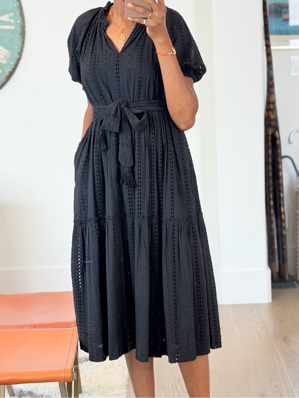 Black Eyelet Maxi Dress with Tie Waist - Picture 6 of 6